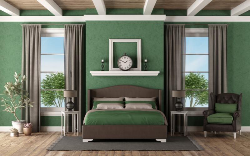Phòng ngủ ấm áp và lãng mạn với gam xanh lá cây